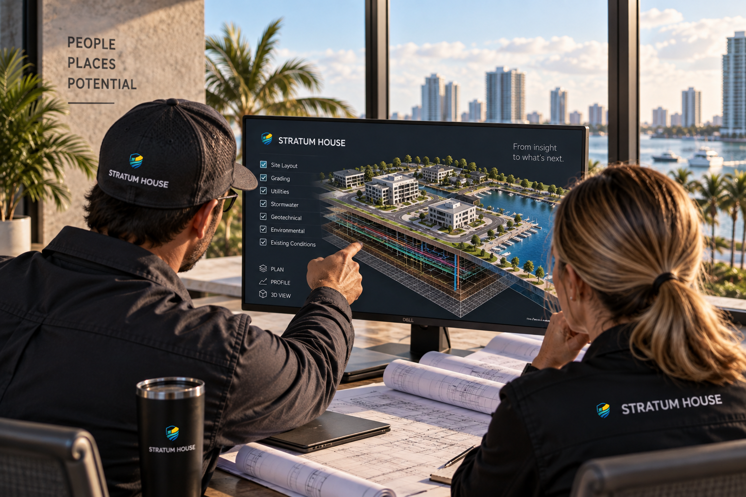 Stratum House team reviewing a development model and engineering plans in an office