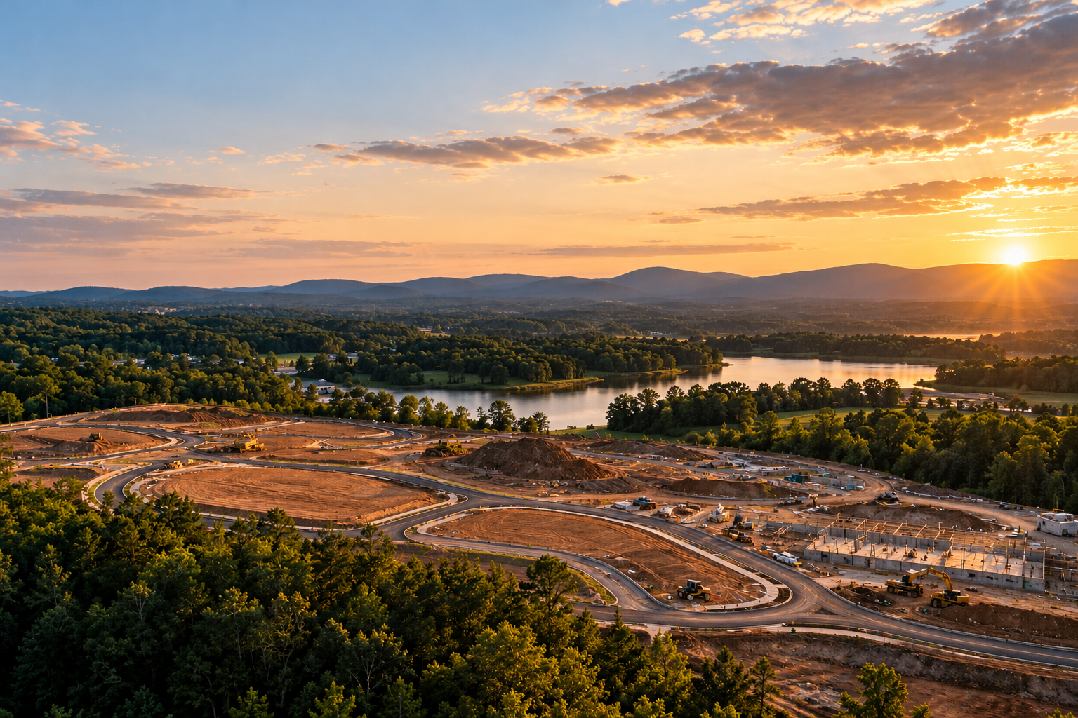 Residential development under construction beside a lake and wooded hills at sunset