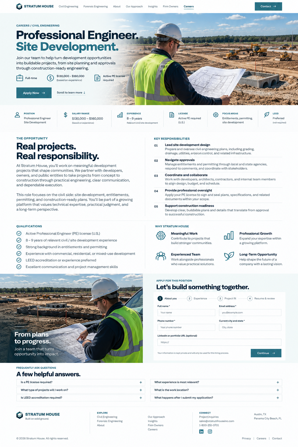 Professional engineer reviewing construction plans at a site development project