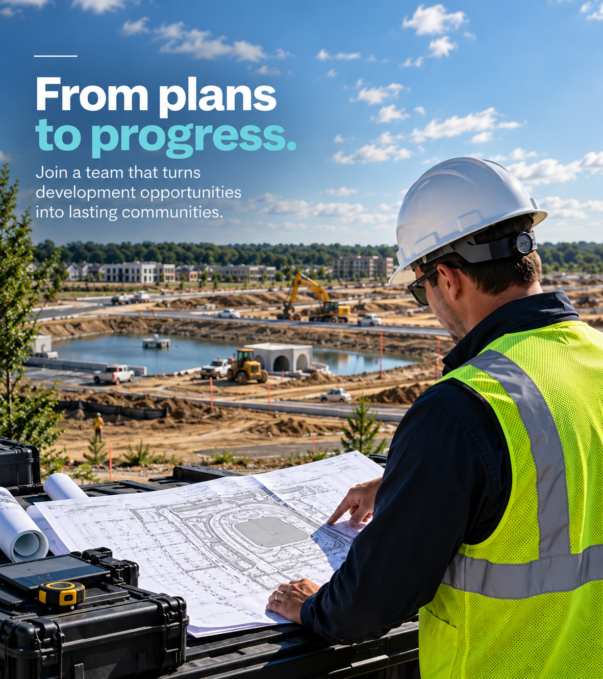 Engineer reviewing site plans. From plans to progress. Join a team that turns development opportunities into lasting communities.