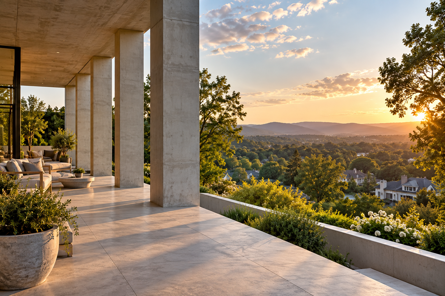 Modern concrete terrace overlooking a green community at sunset