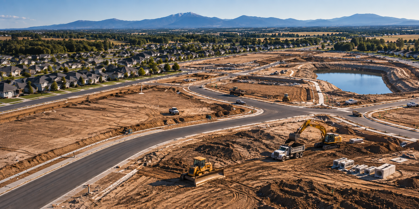 Residential site construction with new roads, grading, heavy equipment and a stormwater pond
