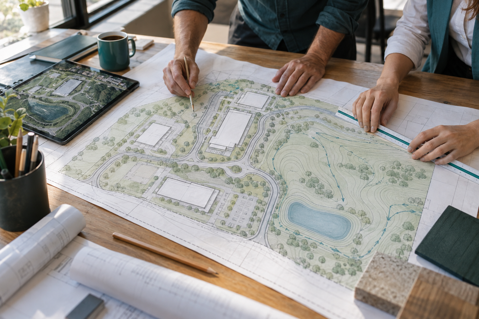 Civil site plan showing proposed roads, building locations, grading and stormwater management