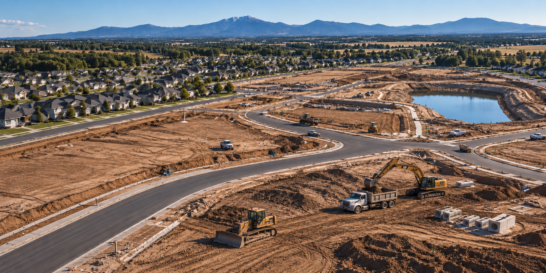 Residential site construction with new roads, grading, heavy equipment and a stormwater pond