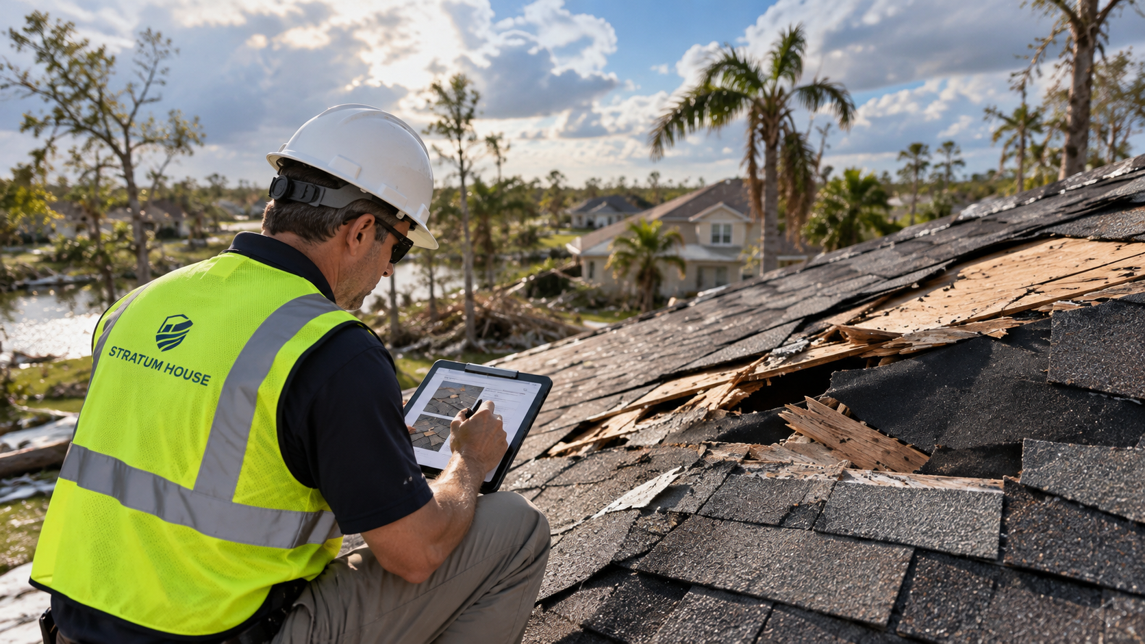 Inspector documenting damage to a roof
