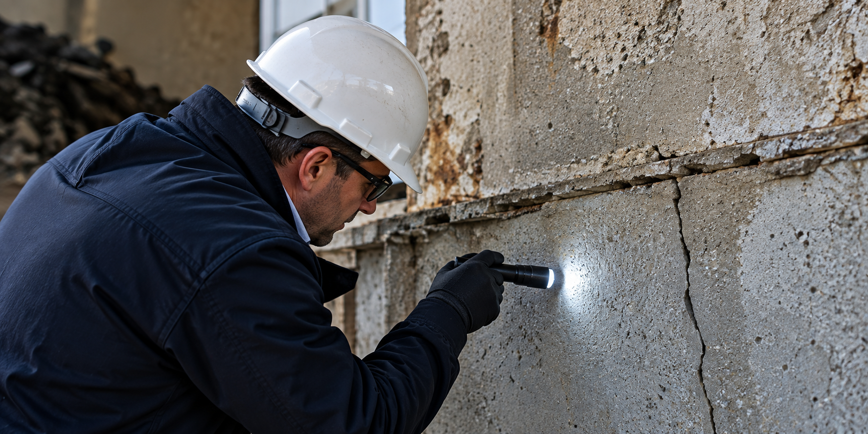 Engineer inspecting a concrete wall