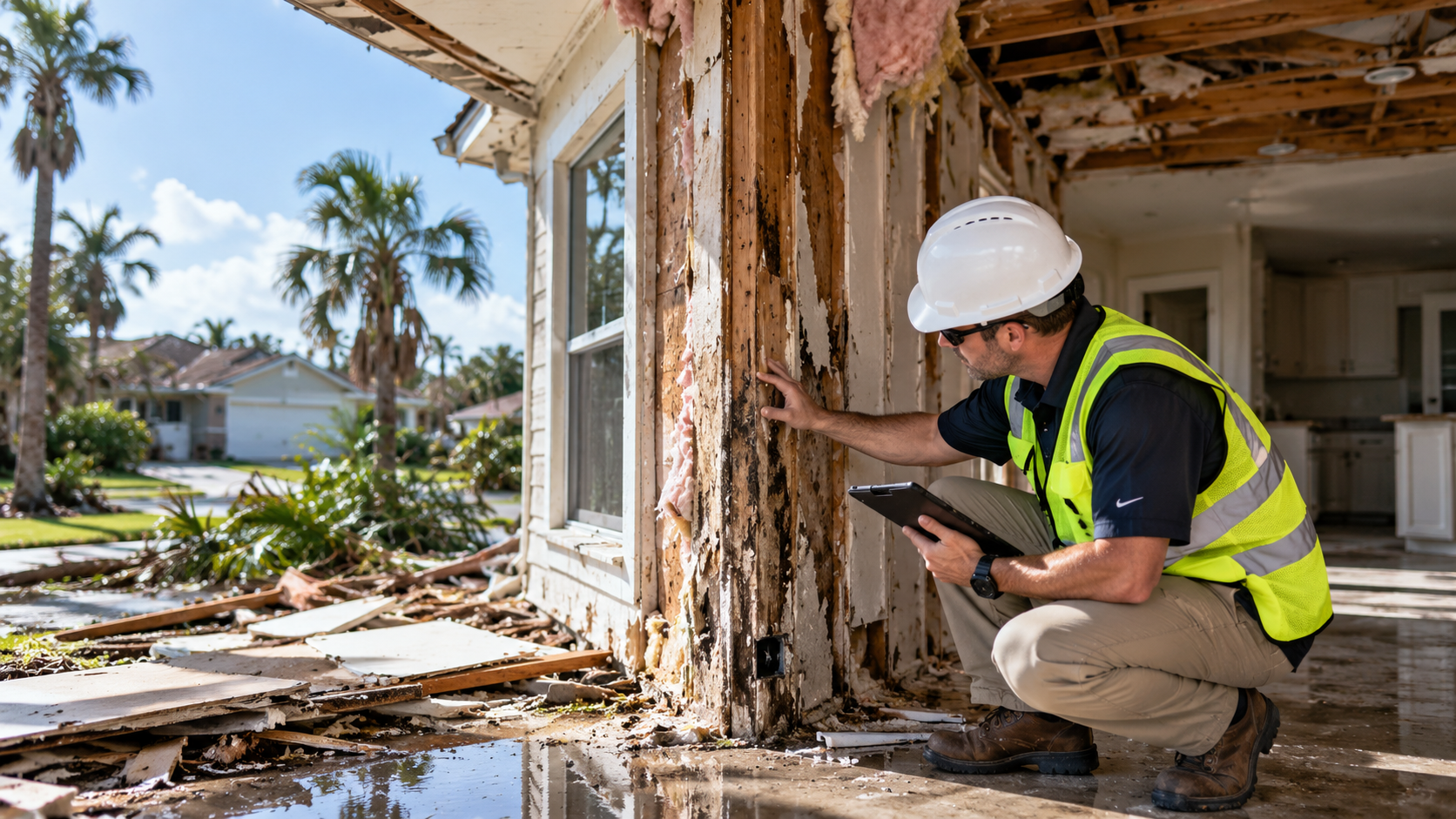 Inspector examining exposed timber framing at a damaged property