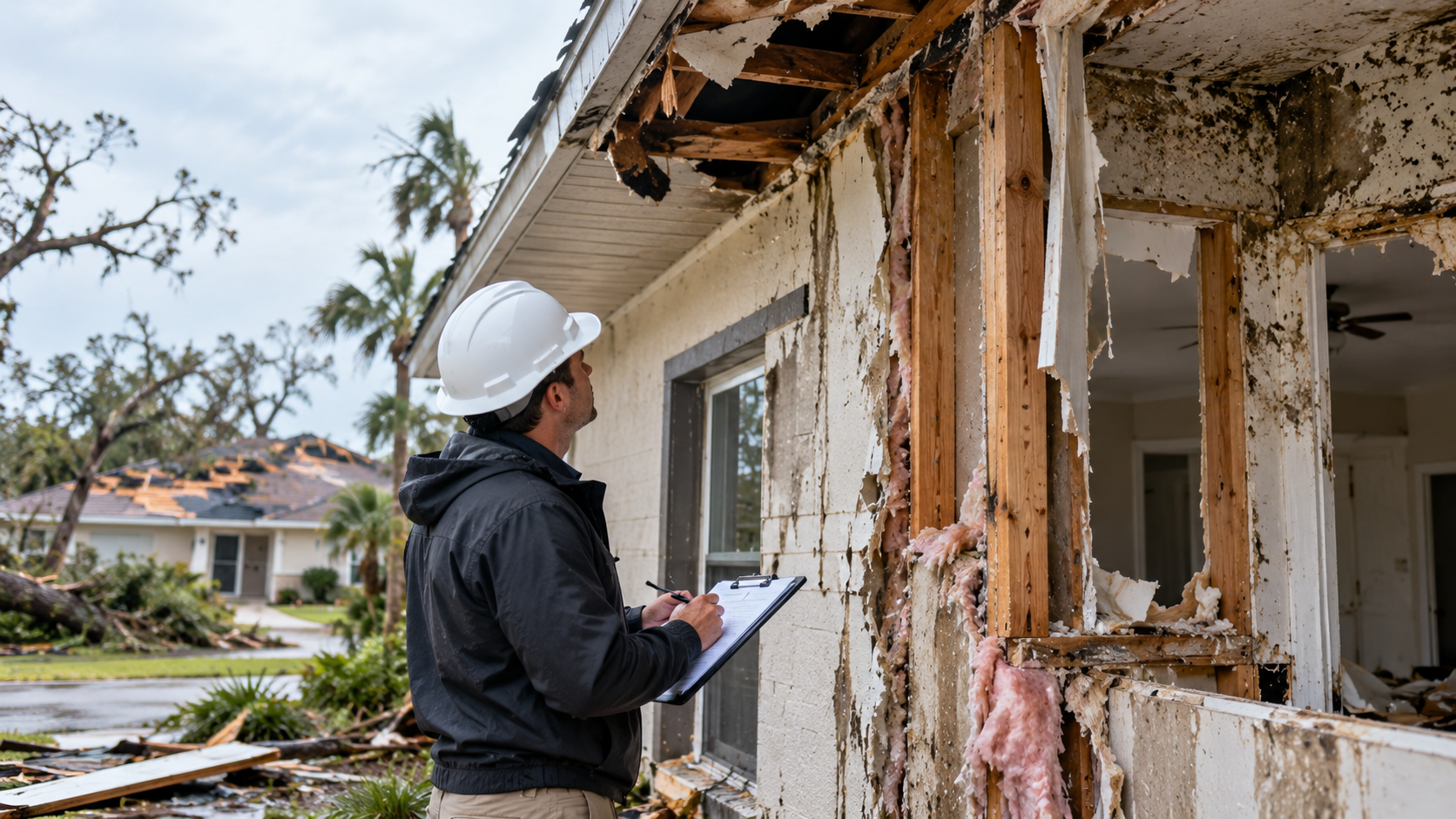 Inspector documenting damage to a property exterior