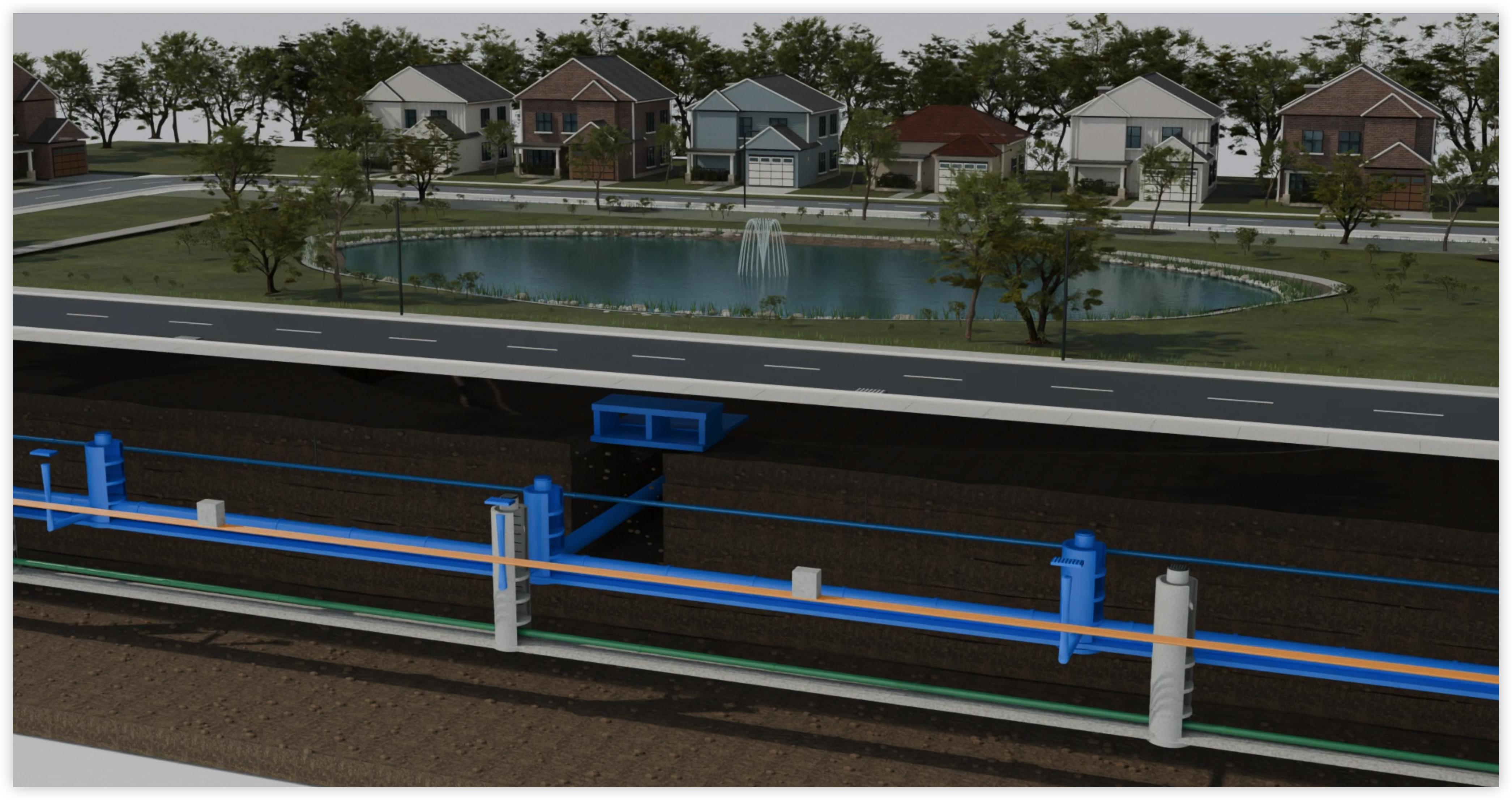 Subdivision cutaway showing homes, a stormwater pond, and underground infrastructure