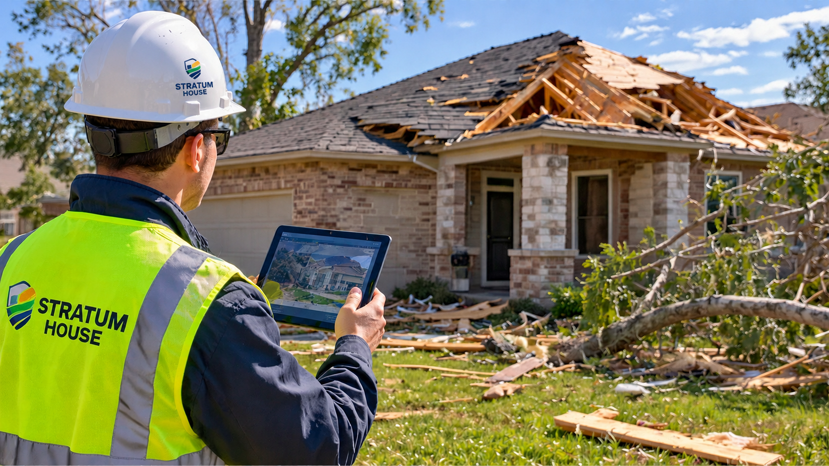 Engineer documenting roof damage at a residential property