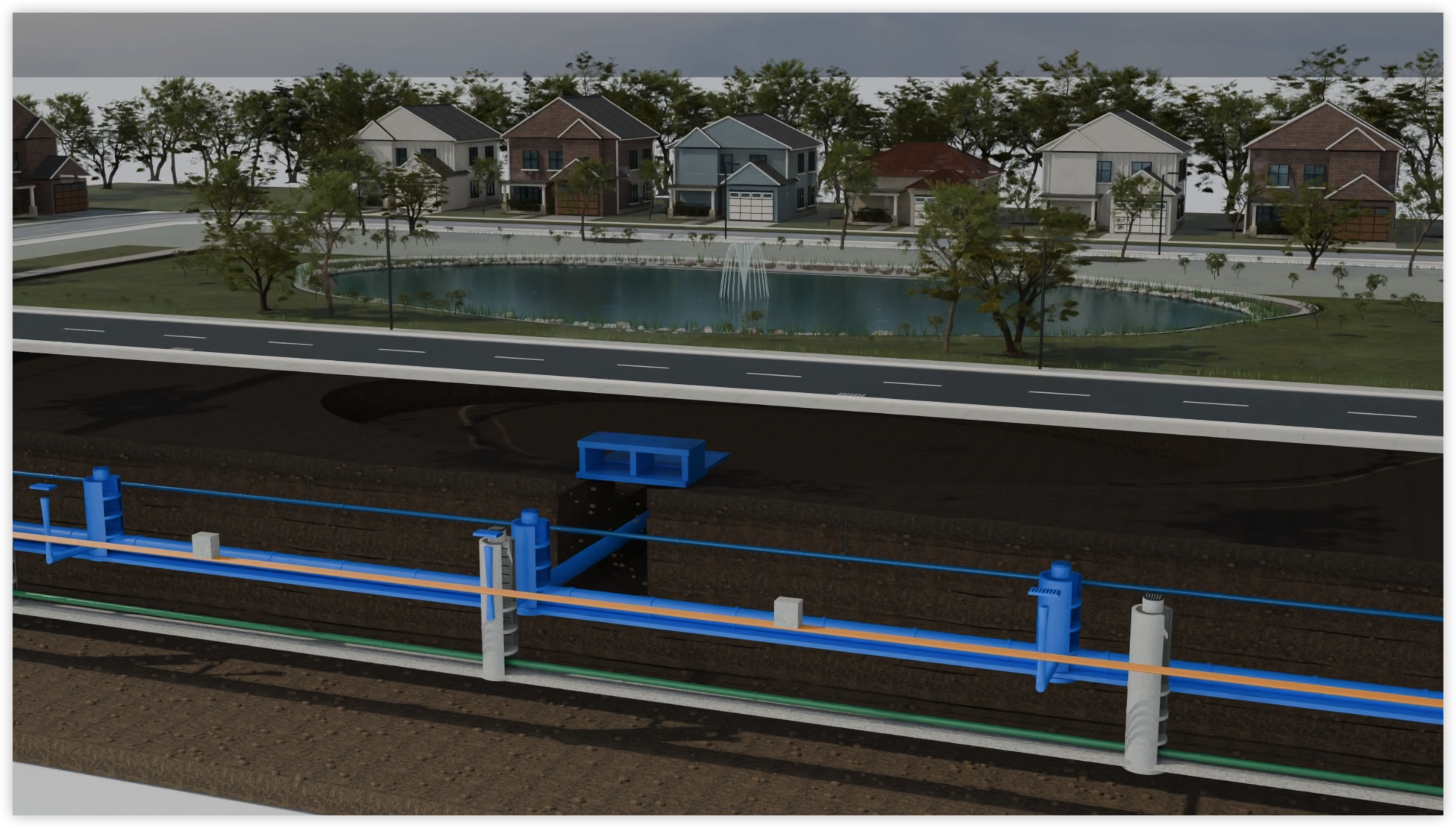 3D subdivision model showing homes, a pond, and underground infrastructure