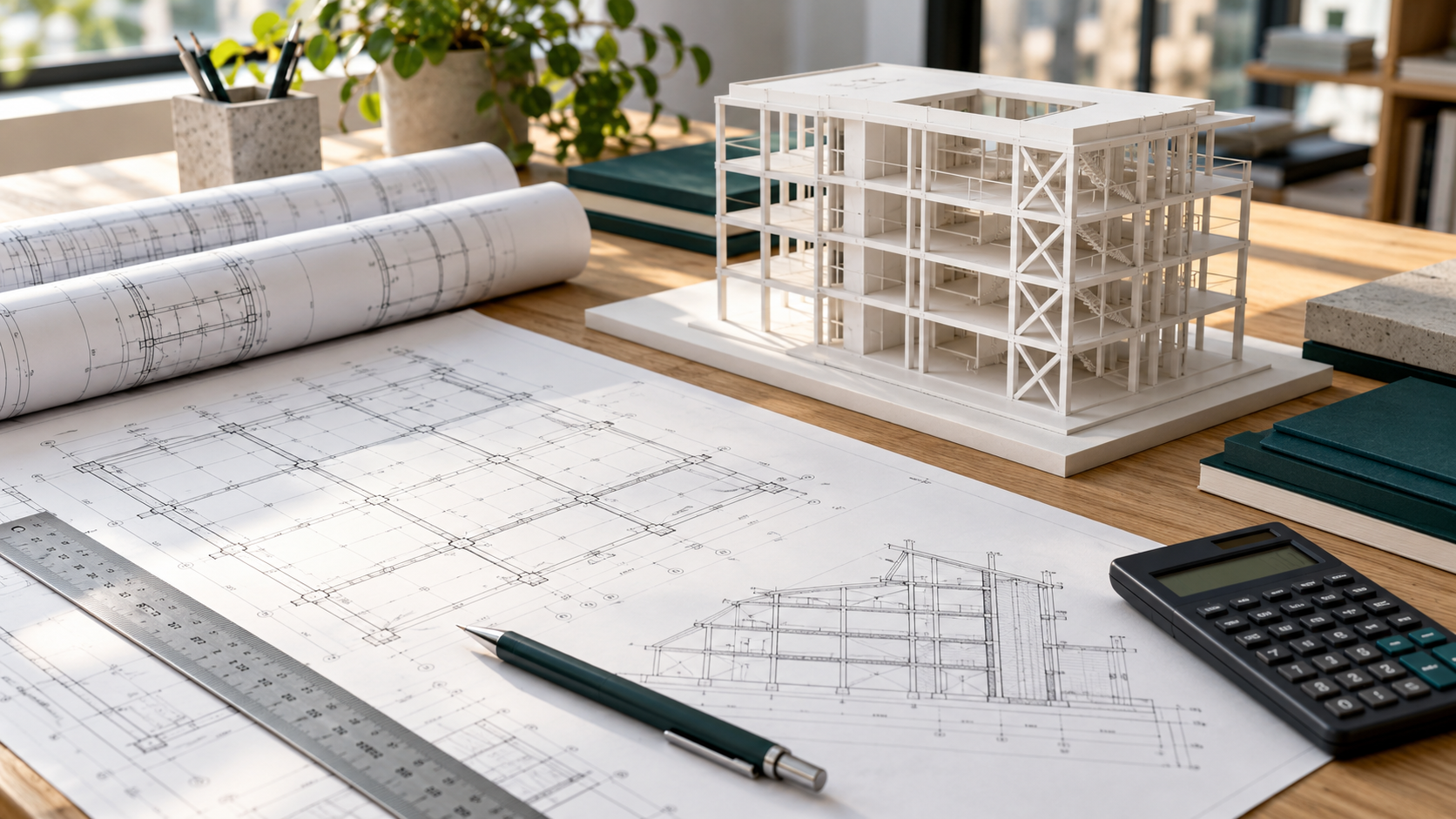 Structural building model and engineering drawings on a sunlit worktable