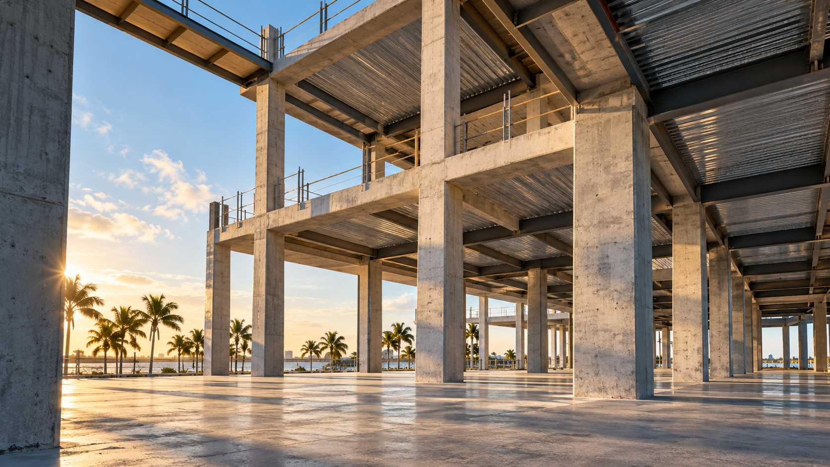 Architectural view of a concrete and steel building frame in warm daylight