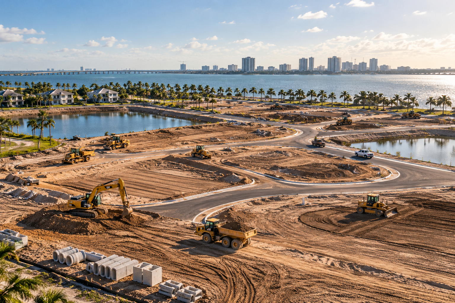 Waterfront subdivision construction with roads, stormwater ponds and earthmoving equipment